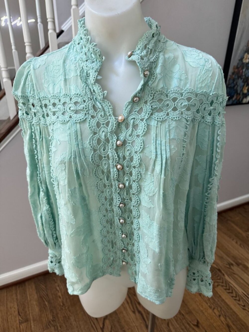 RAHI Blue Lace Eyelet Top Blouse Green Size Medium